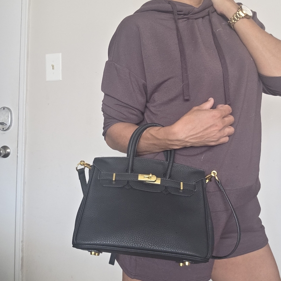 Birkin Style Black Faux Leather Handbag - Picture 3 of 11